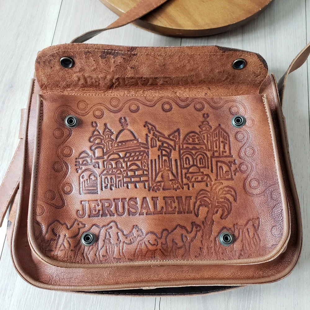 Holy Land Jerusalem Messenger Bag Unisex Medium Brown Leather Tooled Souvenir